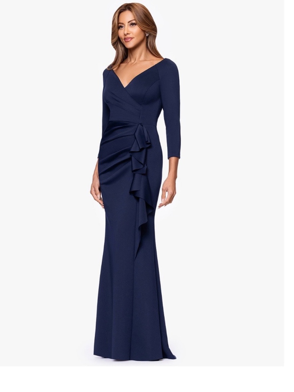 Xscape Navy Blue Long Sleeve Ruffle Maxi Dress